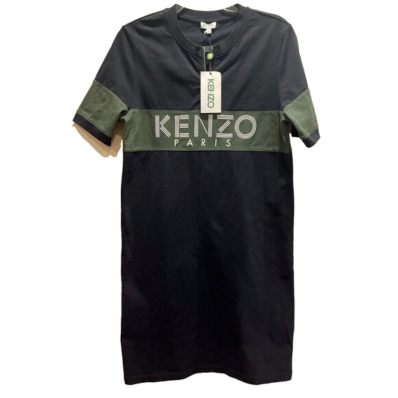 Kenzo Paris Green Black Short Sleeve Midi Dress T Shirt Size S NEW Rugby Stripe
